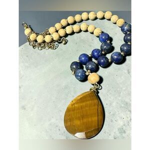 Mala Necklace Genuine Lapis Lazuli & Sandalwood Beads Big Tigers Eye Pendant
